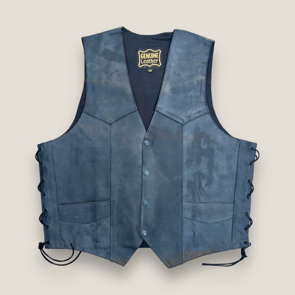 Genuine Leather Men’s Vintage Black Motorcycle Vest Size: 48